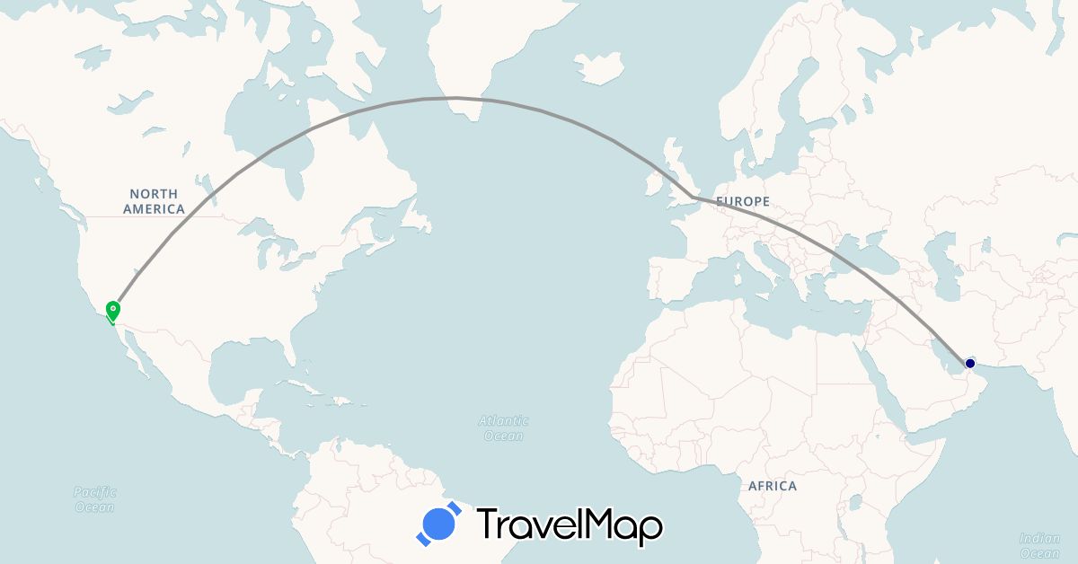 TravelMap itinerary: driving, bus, plane in United Arab Emirates, United Kingdom, United States (Asia, Europe, North America)